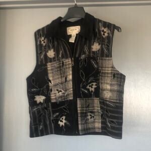 Tantrums Black Gray plaid Leather Patchwork Embroidered Sleeveless Zip Vest Sz L